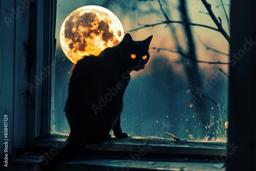 A black cat perched on a windowsill  silhouetted against a full moon with glowing orange eyes