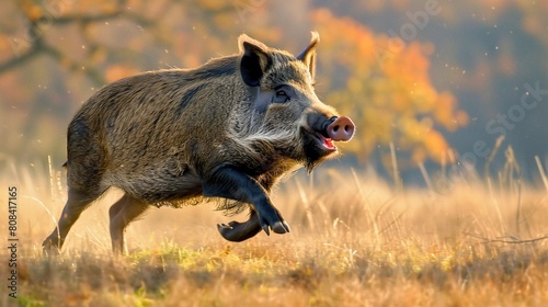 Dramatic scene as a wild boar charges through a sunlit field
