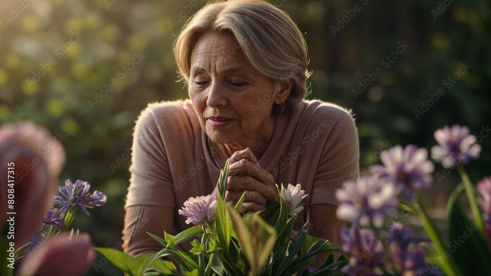 Fototapeta premium elder woman mom mother with flowers closing eyes emotionally