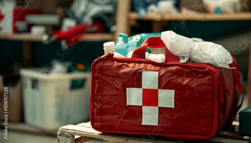 A closeup photo of a Red Cross medical kit overflowing with supplies, ready to be deployed
