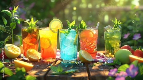 A high-definition, realistic image capturing a colorful array of cold refreshing drinks, including lemonade, mojito cocktail with lemon and mint, and iced tea, set on a picnic table surrounded