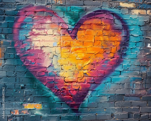 A colorful heart painted on a brick wall with a spray can  capturing the vibrant energy of young love