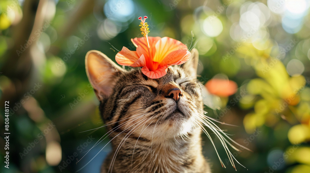 ハイビスカスを頭に乗せる猫 ハイビスカスを頭に乗せる猫