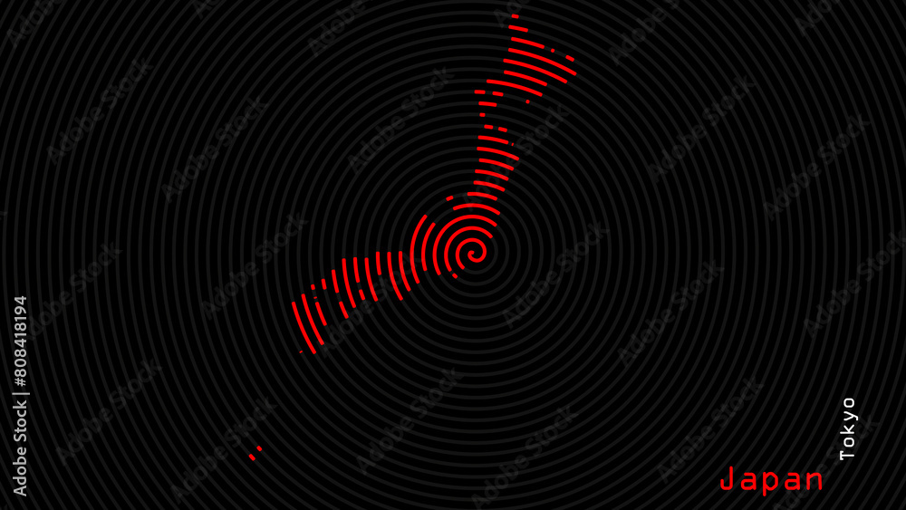 A map of Japan, with a dark background and the country's outline in the shape of a colored spiral, centered around the capital. A simple sketch of the country. A map of Japan, with a dark background and the country's outline in the shape of a colored spiral, centered around the capital. A simple sketch of the country.