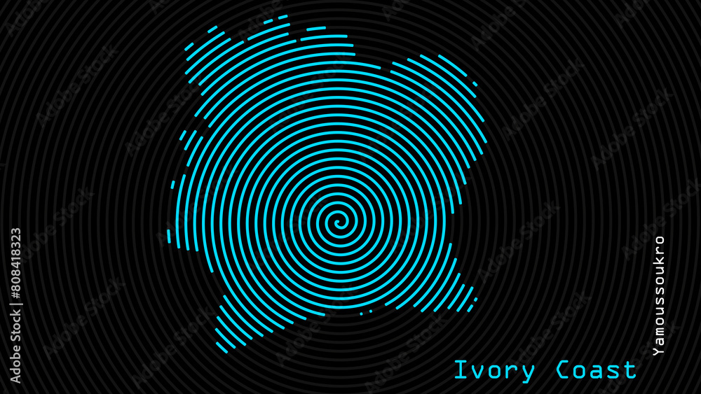 A map of Ivory Coast, with a dark background and the country's outline in the shape of a colored spiral, centered around the capital. A simple sketch of the country. A map of Ivory Coast, with a dark background and the country's outline in the shape of a colored spiral, centered around the capital. A simple sketch of the country.