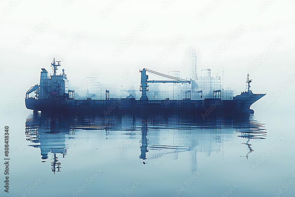 A wireframe-style depiction of a cargo ship laden with containers, illustrating modern shipping logistics and global trade networks. A wireframe-style depiction of a cargo ship laden with containers, illustrating modern shipping logistics and global trade networks.
