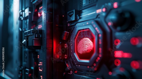 A digital fingerprint scanner glowing red as it denies access to a hightech security vault Render in a closeup 3D style with a focus on detail and texture photo