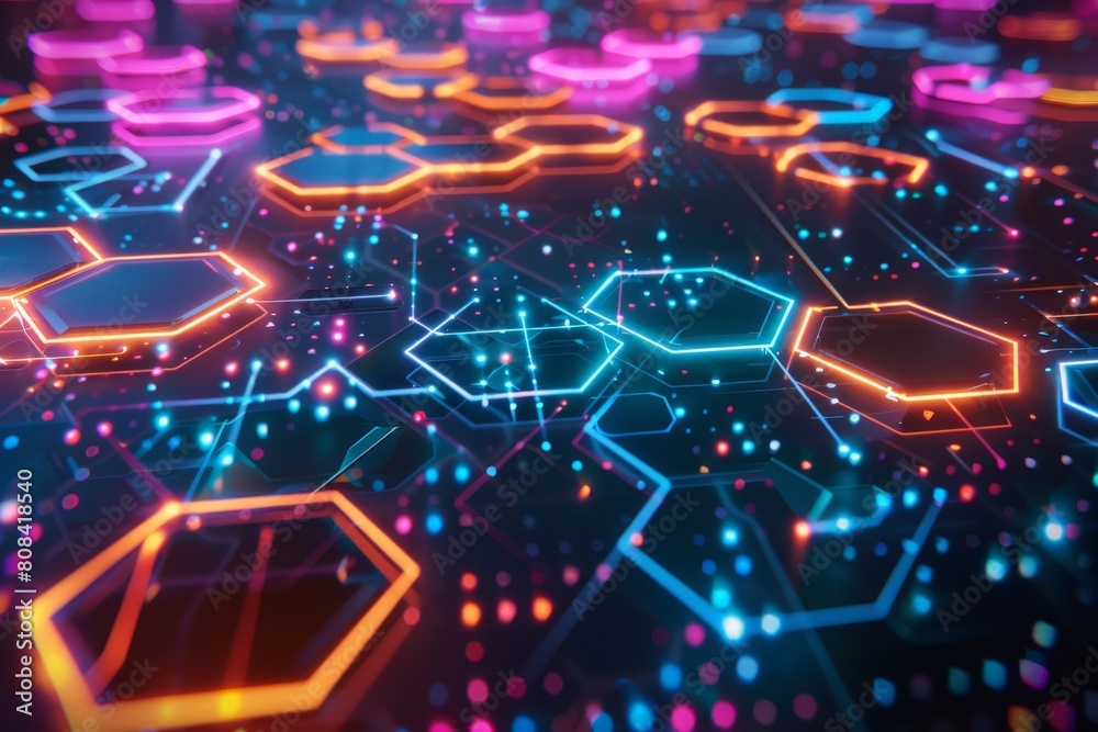 A dynamic composition of interlocking hexagons in vibrant neon colors, forming a futuristic data network against a dark background A dynamic composition of interlocking hexagons in vibrant neon colors, forming a futuristic data network against a dark background