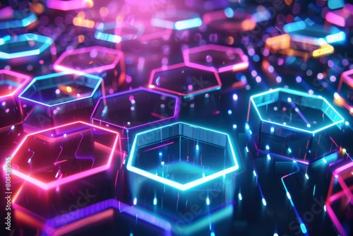 A dynamic composition of interlocking hexagons in vibrant neon colors, forming a futuristic data network against a dark background