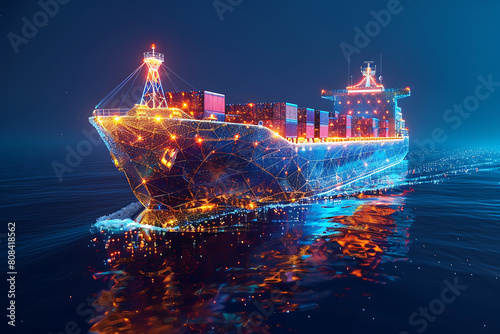 A wireframe-style illustration depicts a cargo ship laden with containers, emphasizing transportation and logistics in modern shipping
