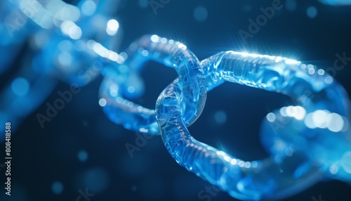 A dynamic composition of translucent blue chains intertwining and branching out across a dark blue background, symbolizing the interconnectedness of blockchain technology