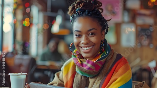 A joyful young woman with a colorful pride scarf, engaged in a video call on her laptop while holding a cup of coffee, her background decorated with motivational posters. photo