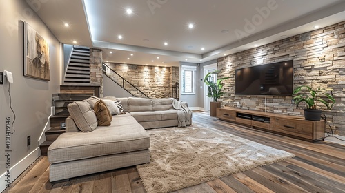 Finished basement with a rustic stone accent wall, hardwood floors, and a large sectional sofa.