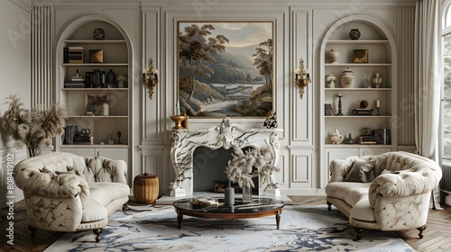 A lavish, upholstered sofa set placed near a marble fireplace in a luxury room with a pastel-toned landscape painting. © Love Mohammad