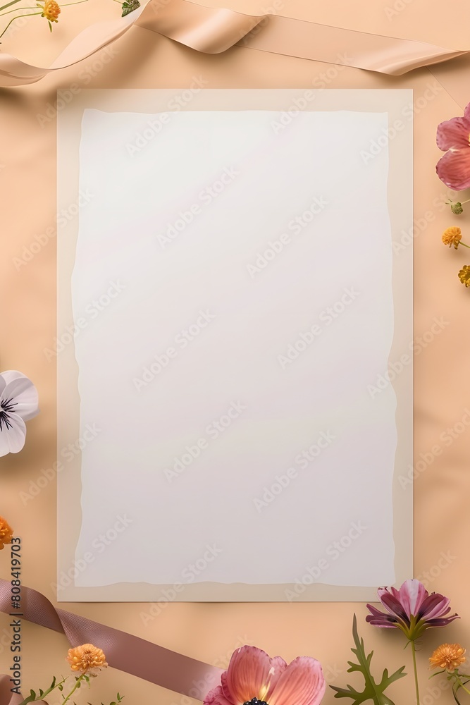 Graceful greeting card invitation isolated empty space adorned with elegant ribbon and flower decoration Graceful greeting card invitation isolated empty space adorned with elegant ribbon and flower decoration
