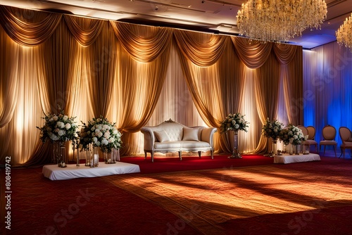 A large room with a red carpet and gold curtains