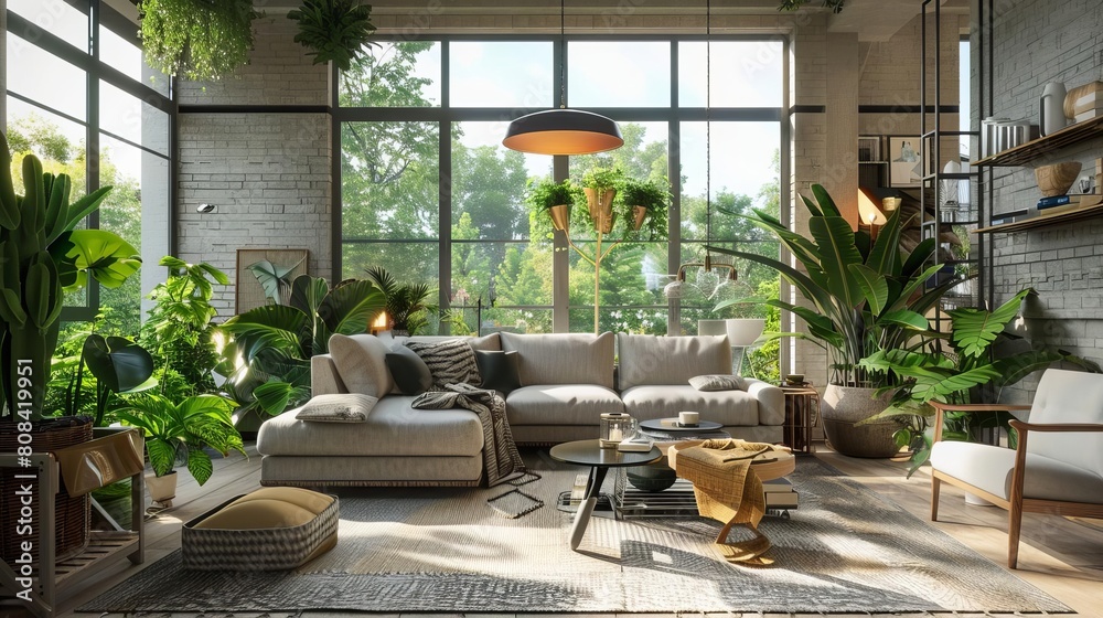 Fototapeta premium Contemporary living space with fresh greenery and bright, open windows