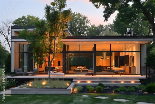 A luxury cubic house with expansive glass walls, featuring a sculptural tree in the front yard and minimalist furniture on the porch.