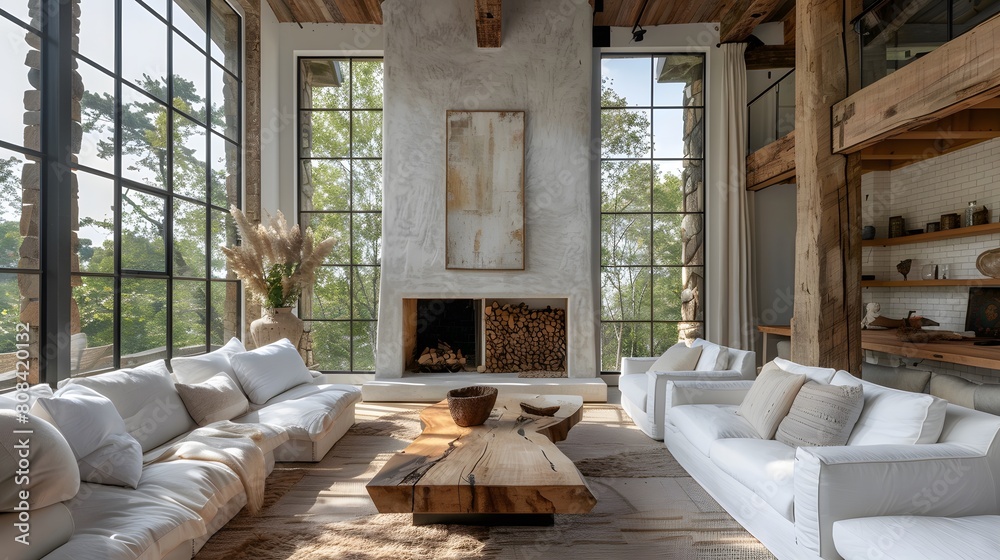 A luxury living room in a villa, showcasing a rustic live edge coffee table between white sofas and a fireplace with a natural stone cladding wall, surrounded by tall windows.