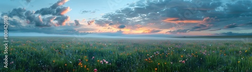 Cloudy Morning Field Scene with Dew Covered Grass and Energetic Wildflowers At the crack of dawn