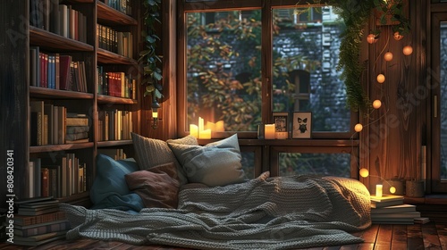 Cozy reading nook with soft textures and warm lighting