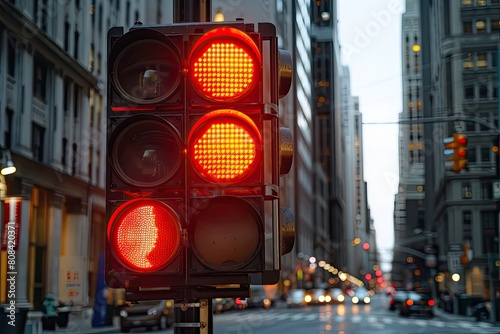 A red traffic light is lit up in a city street. The traffic light is surrounded by tall buildings, and there are cars and pedestrians on the street. Scene is busy and bustling