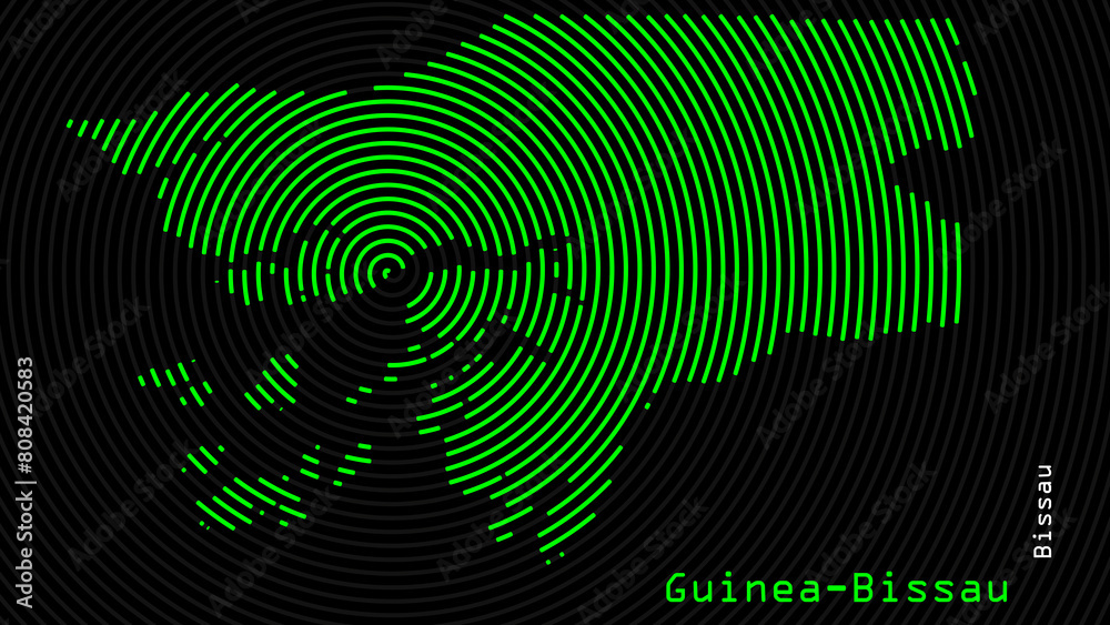 A map of Guinea-Bissau, with a dark background and the country's outline in the shape of a colored spiral, centered around the capital. A simple sketch of the country. A map of Guinea-Bissau, with a dark background and the country's outline in the shape of a colored spiral, centered around the capital. A simple sketch of the country.