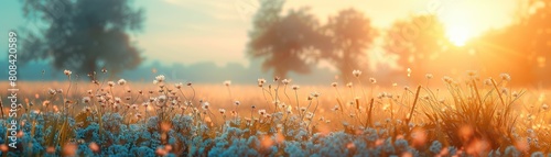 A serene meadow filled with wildflowers at sunrise, bathed in soft, warm light, evoking peace and natural beauty