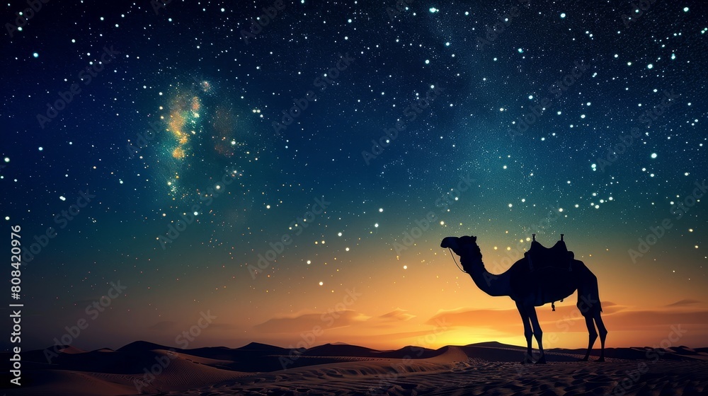 Close-up of a camel's silhouette with twinkling stars and a glowing moon overhead, a mystical desert night Close-up of a camel's silhouette with twinkling stars and a glowing moon overhead, a mystical desert night
