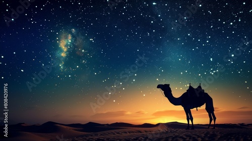 Close-up of a camel s silhouette with twinkling stars and a glowing moon overhead  a mystical desert night