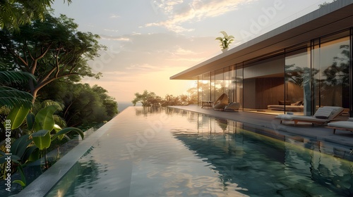 A minimalist glass villa with large  transparent panels overlooking a serene pool  surrounded by lush greenery as the sun sets on the horizon.