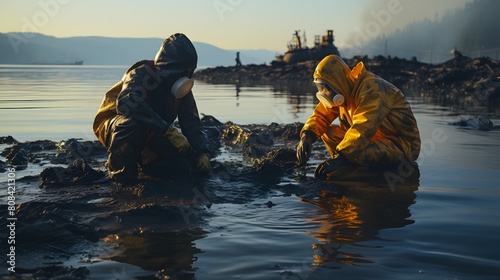 Volunteers wear masks and use shovels and plain cloth to remove black oil from the coast contaminated by oil from a ship's oil spill. Concept shot of environmental pollution and air pollution. photo
