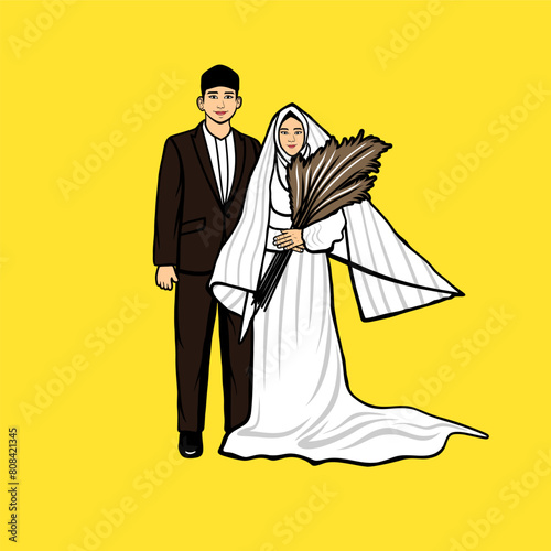 Muslim wedding couple man wearing brown suit woman wearing white dress carrying flowers cartoon vector illustration photo