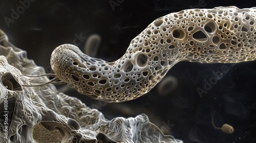 Close-up detailed scientific illustration of a soil nematode, highlighting its rugged exterior and intricate textures, styled as a scanning electron microscope image