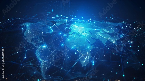 World technology blue digital map with line dynamic network abstract dot cyber virtual connectivity big data visualization