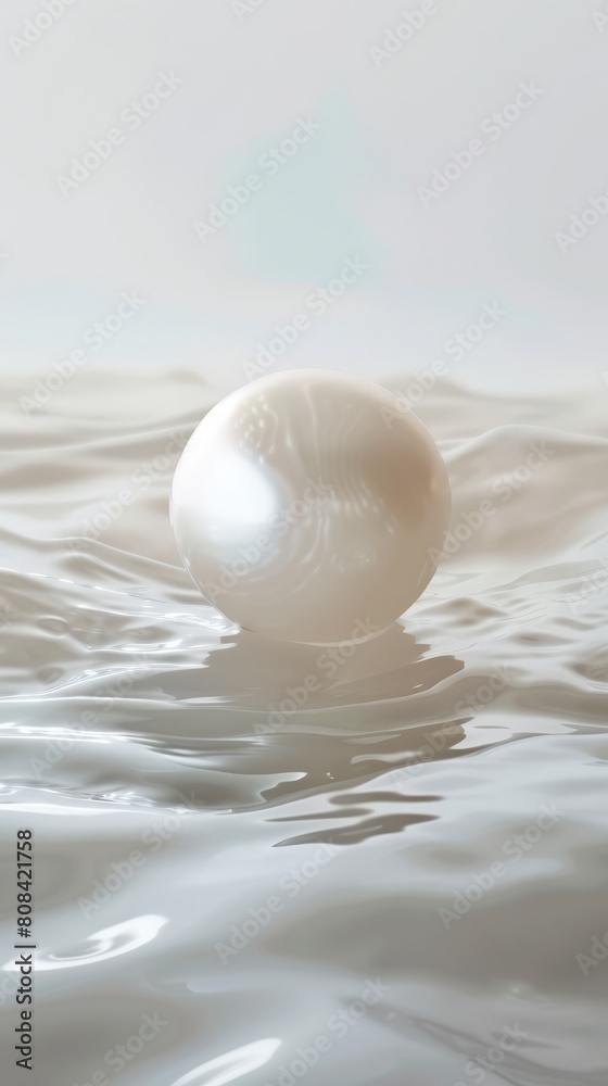 A single, perfectly round pearl floating in a vast expanse of empty white space A single, perfectly round pearl floating in a vast expanse of empty white space