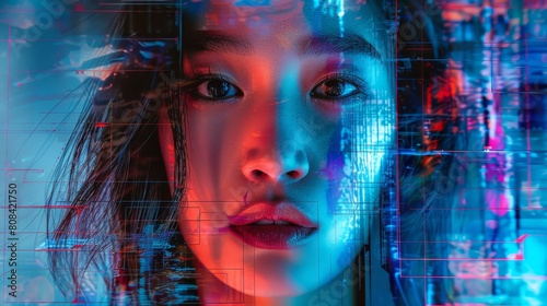 Technology Concept   Digital portrait of a woman with blue and red glitch effects