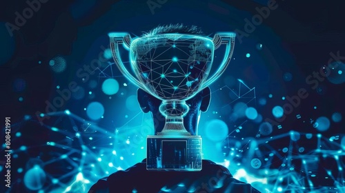 Entrepreneur highlighting technological achievements with a virtual trophy photo