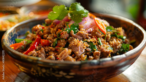 Larb Nam Tok Nua: A delectable variation of larb featuring succulent duck meat, tossed with toasted rice powder and tangy dressing. photo