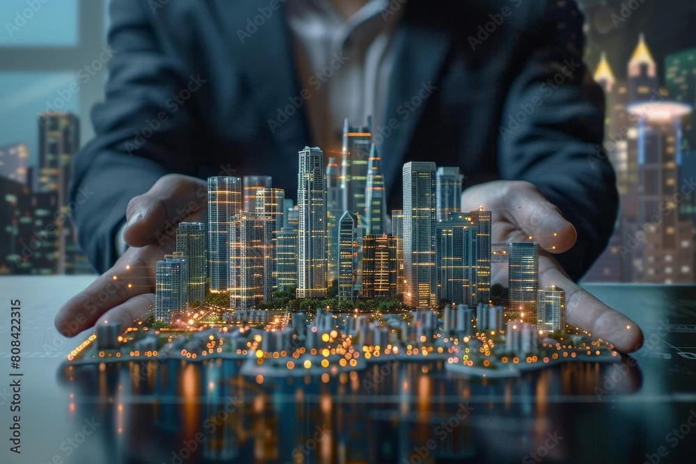 Executive holding a digital twin of a city to analyze urban development