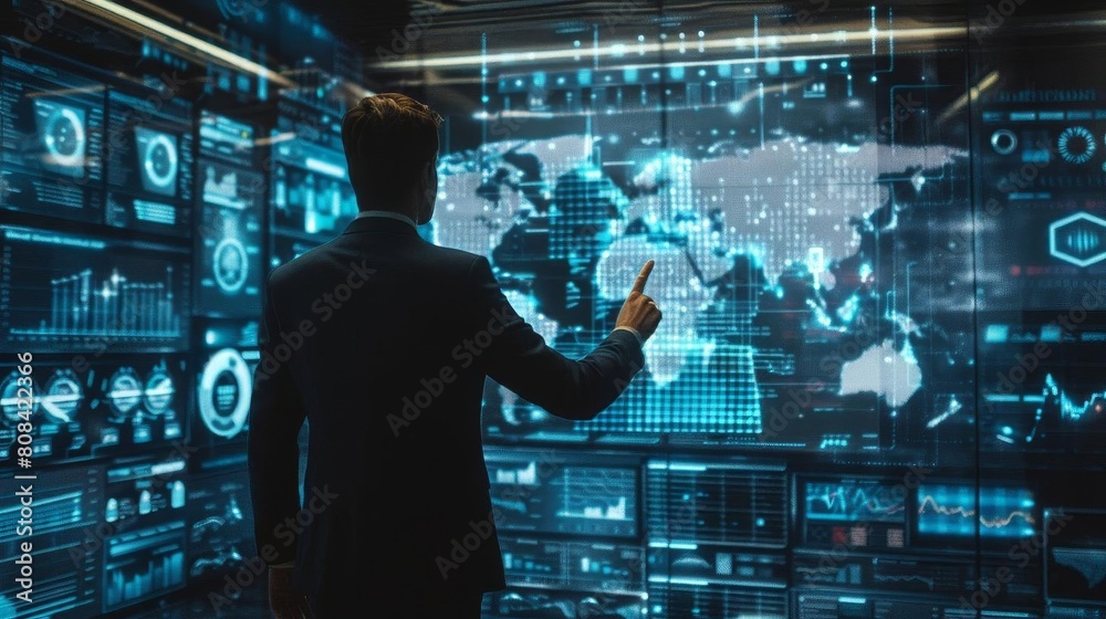 Executive predicting market trends for 2024 using an interactive hologram Executive predicting market trends for 2024 using an interactive hologram