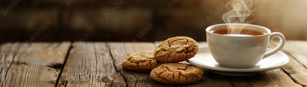 A warmtoned illustration of a steaming cup of tea and a plate of freshly baked cookies on a rustic wooden table with copy space A warmtoned illustration of a steaming cup of tea and a plate of freshly baked cookies on a rustic wooden table with copy space