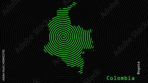 A map of Colombia, with a dark background and the country's outline in the shape of a colored spiral, centered around the capital. A simple sketch of the country, highlighting its unique shape.