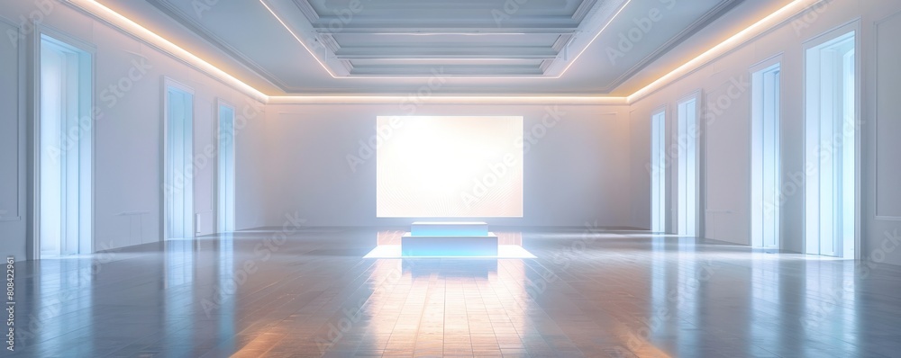 Empty art gallery with stark white walls and a single, illuminated pedestal in the center A holographic projection showcases a futuristic artwork Empty art gallery with stark white walls and a single, illuminated pedestal in the center A holographic projection showcases a futuristic artwork