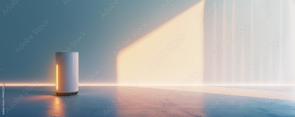 Empty white room with a single, sleek AI assistant device glowing in the corner Soft, diffused light emanates from the ceiling Empty white room with a single, sleek AI assistant device glowing in the corner Soft, diffused light emanates from the ceiling