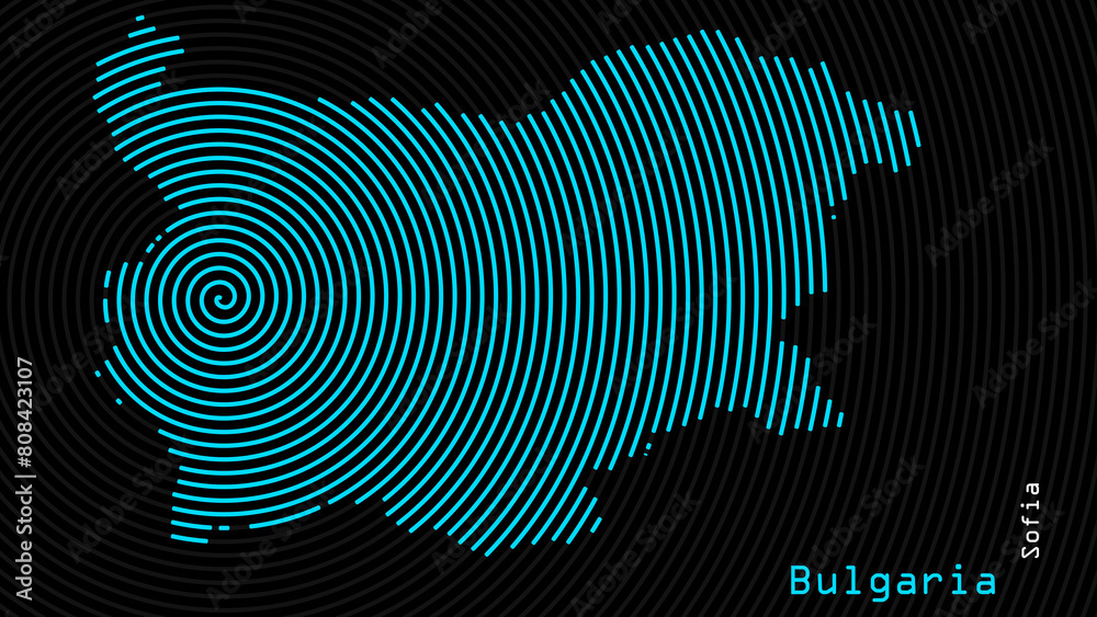 A map of Bulgaria, with a dark background and the country's outline in the shape of a colored spiral, centered around the capital. A simple sketch of the country, highlighting its unique shape. A map of Bulgaria, with a dark background and the country's outline in the shape of a colored spiral, centered around the capital. A simple sketch of the country, highlighting its unique shape.