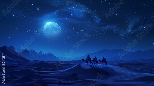 A tranquil scene of a camel caravan traversing a shimmering moonlit desert  soft dunes in the foreground