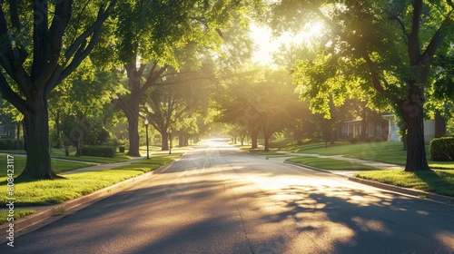 A tranquil suburban street at dawn, sunlight streaming through lush green trees, casting long shadows on the well-kept road, evoking a serene morning walk
