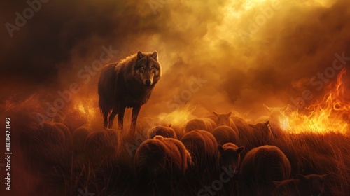 A surreal depiction of a demonic wolf stalking a tranquil flock of sheep, with ghostly fog curling around fiery grass photo