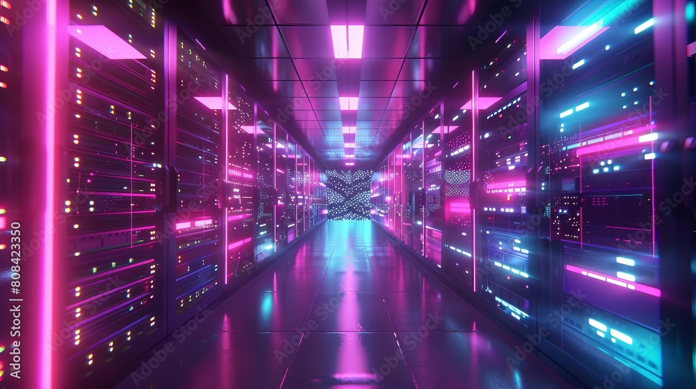 Futuristic visualization of a data center or server room with glowing elements, highlighting network operations Futuristic visualization of a data center or server room with glowing elements, highlighting network operations